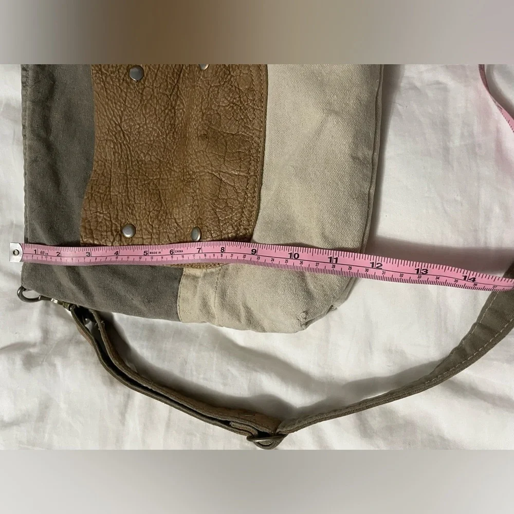 Gray Canvas and Leather Crossbody Bag with Tan Trim